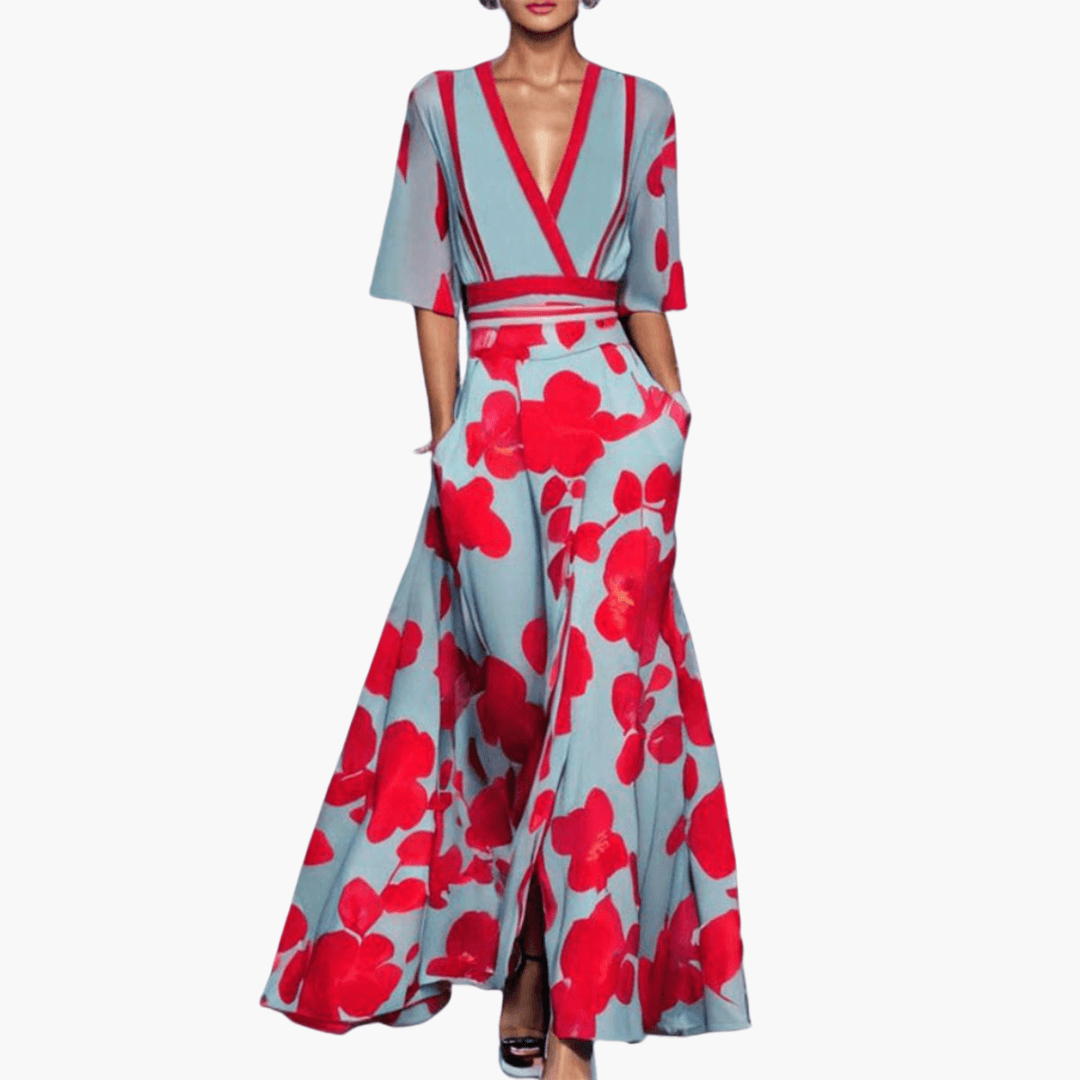 Blumenkleid mit V-Ausschnitt für Damen – Elegant & Lang