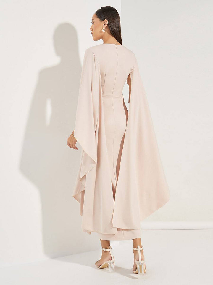 Rachel - Hellrosa Midi-Kleid mit V-Ausschnitt und Chiffon-Ärmel