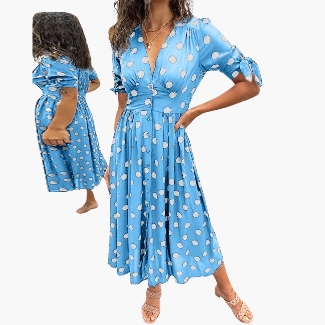 Damen Polka Dots Kleid – Midi Sommerkleid mit Knöpfen