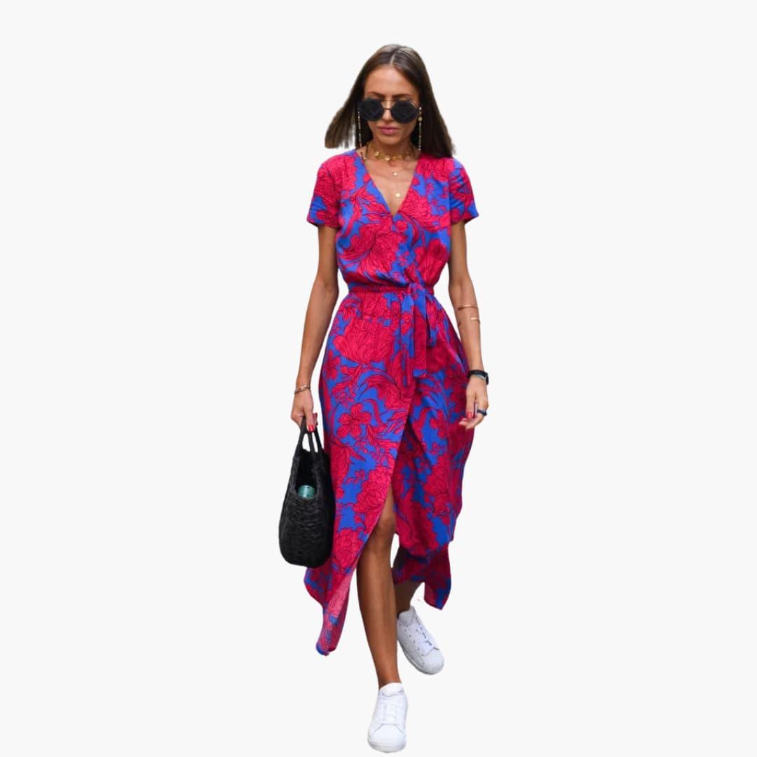 Blumen Wrap-Kleid Damen – Sommerkleid mit Taillengürtel