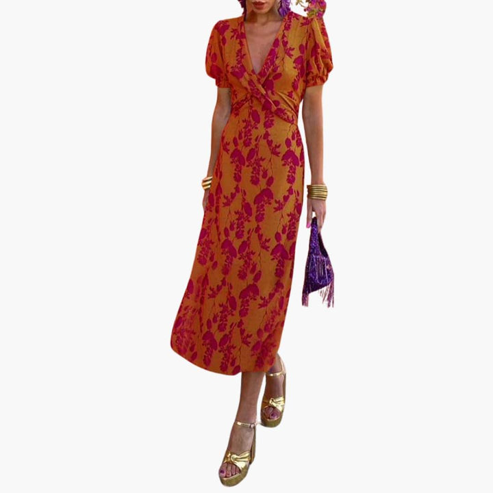 Damen Blumenkleid im Wickelstil – Sommerkleid mit V-Ausschnitt