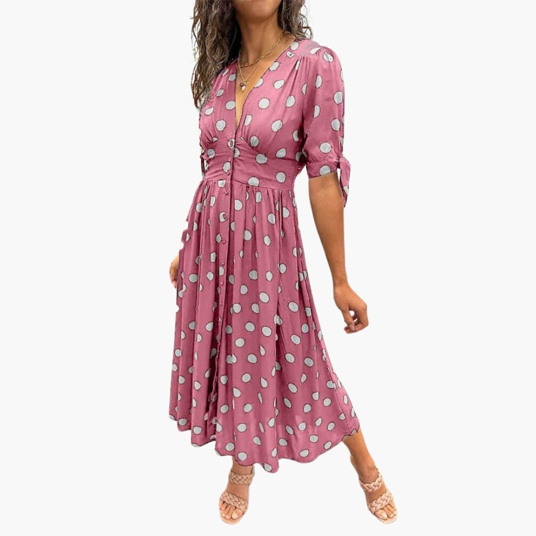 Damen Polka Dots Kleid – Midi Sommerkleid mit Knöpfen