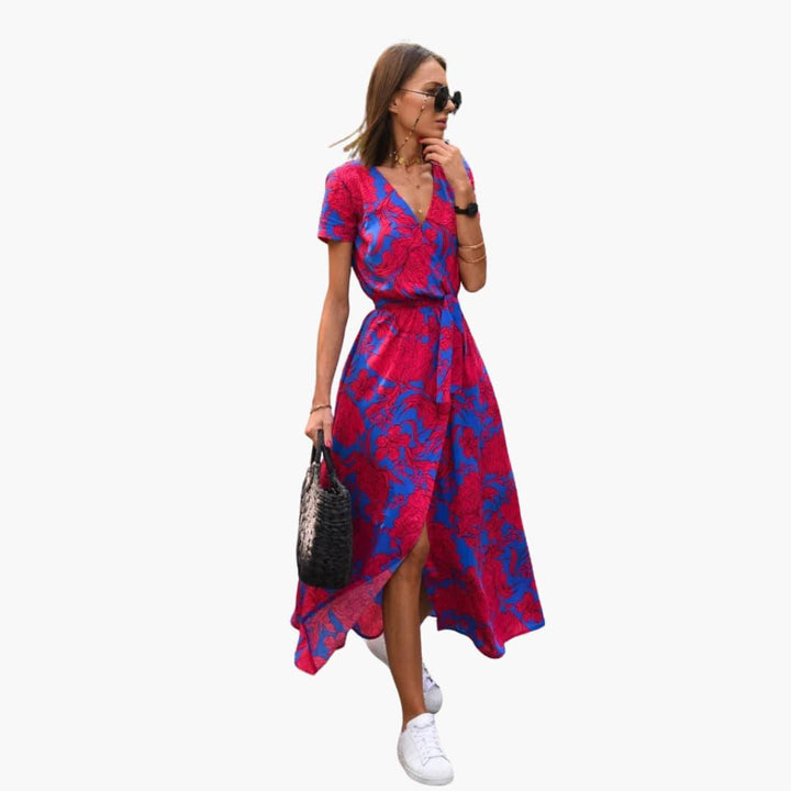 Blumen Wrap-Kleid Damen – Sommerkleid mit Taillengürtel