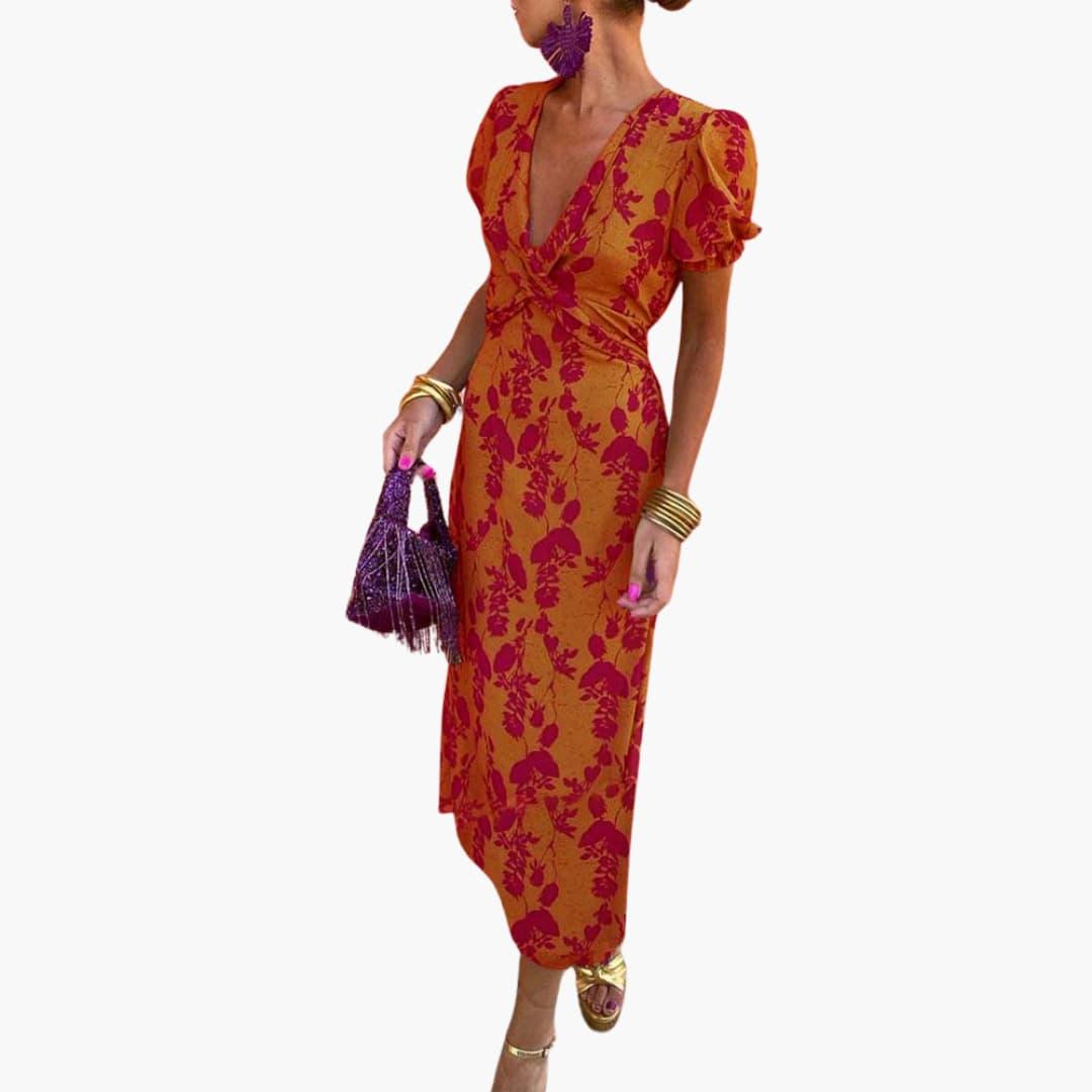 Damen Blumenkleid im Wickelstil – Sommerkleid mit V-Ausschnitt
