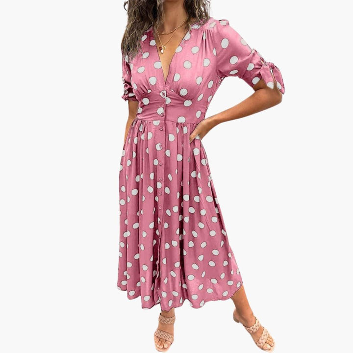 Damen Polka Dots Kleid – Midi Sommerkleid mit Knöpfen