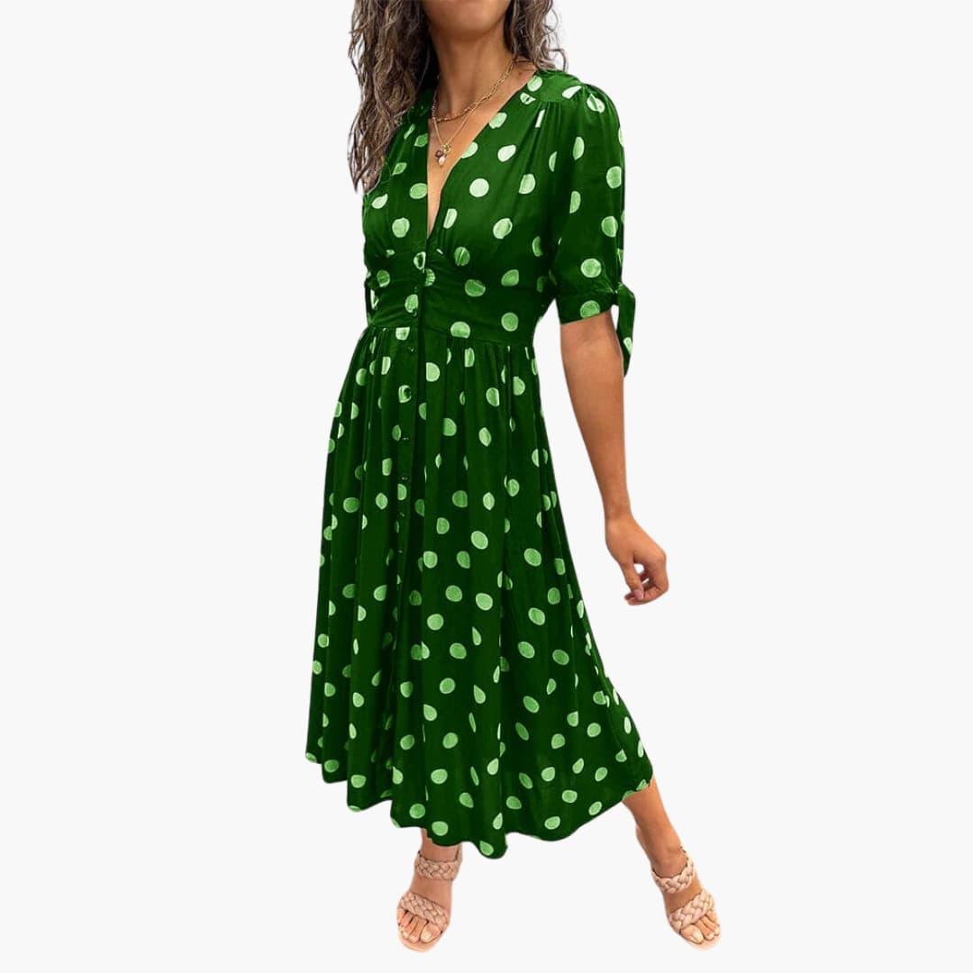 Damen Polka Dots Kleid – Midi Sommerkleid mit Knöpfen
