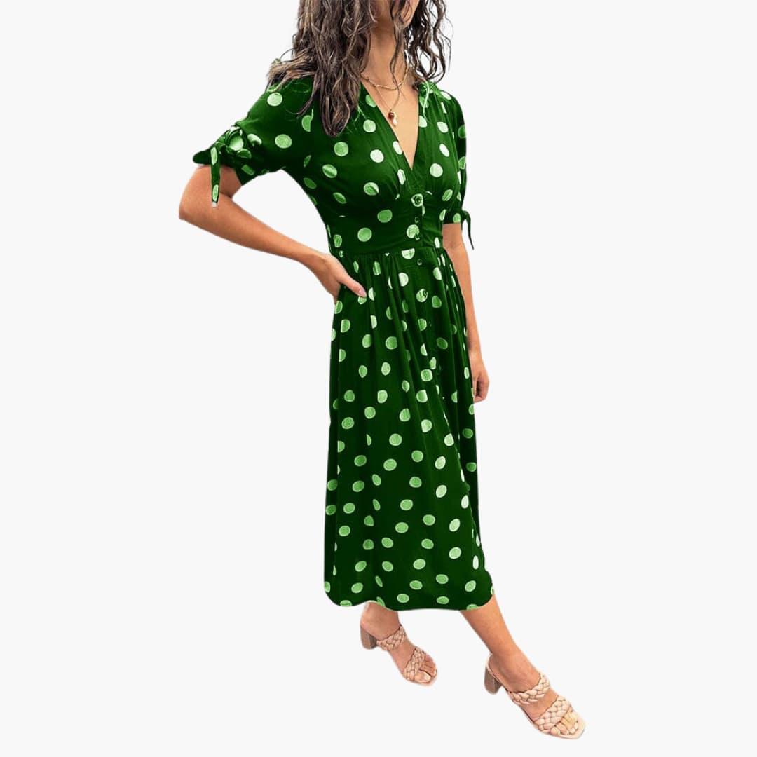 Damen Polka Dots Kleid – Midi Sommerkleid mit Knöpfen