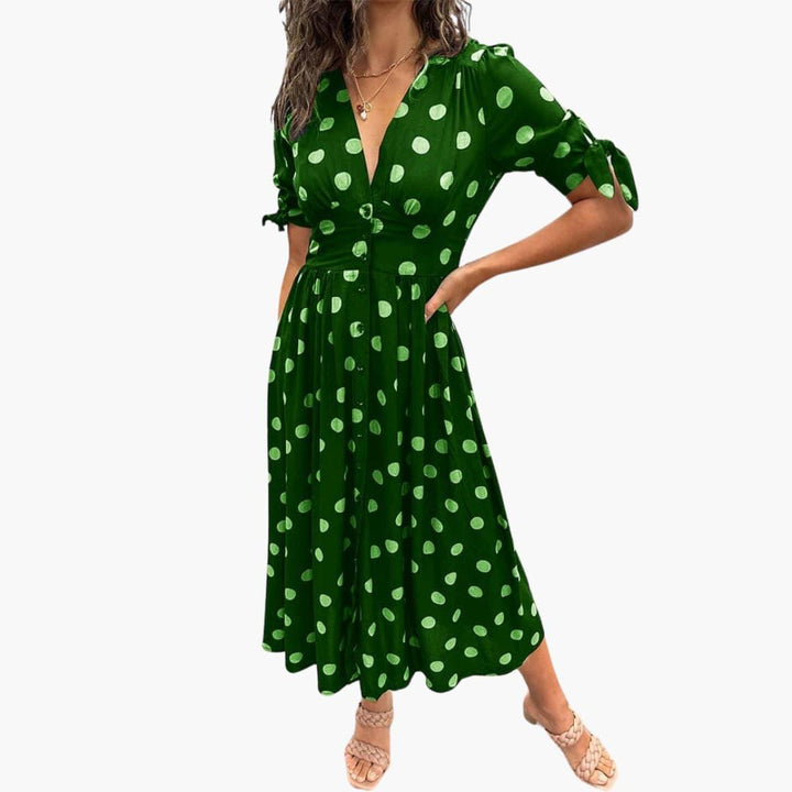 Damen Polka Dots Kleid – Midi Sommerkleid mit Knöpfen