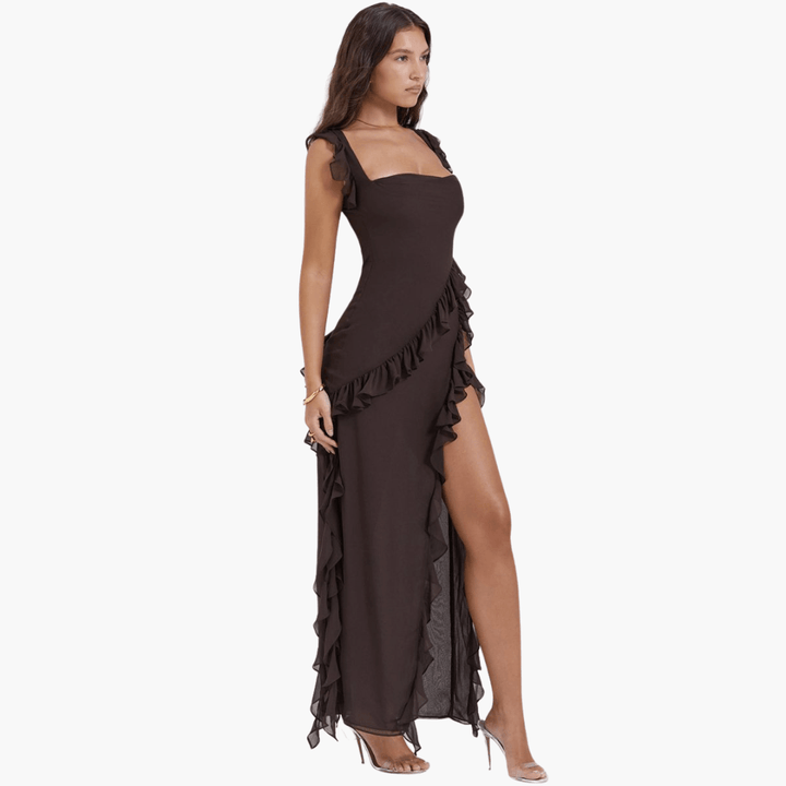 Rüschen Sommerkleid für Damen – Maxikleid mit hohem Schlitz