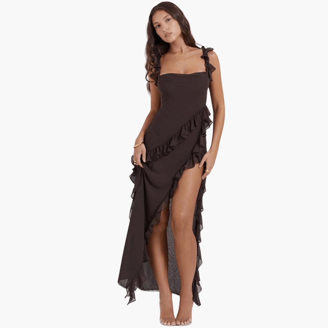 Rüschen Sommerkleid für Damen – Maxikleid mit hohem Schlitz