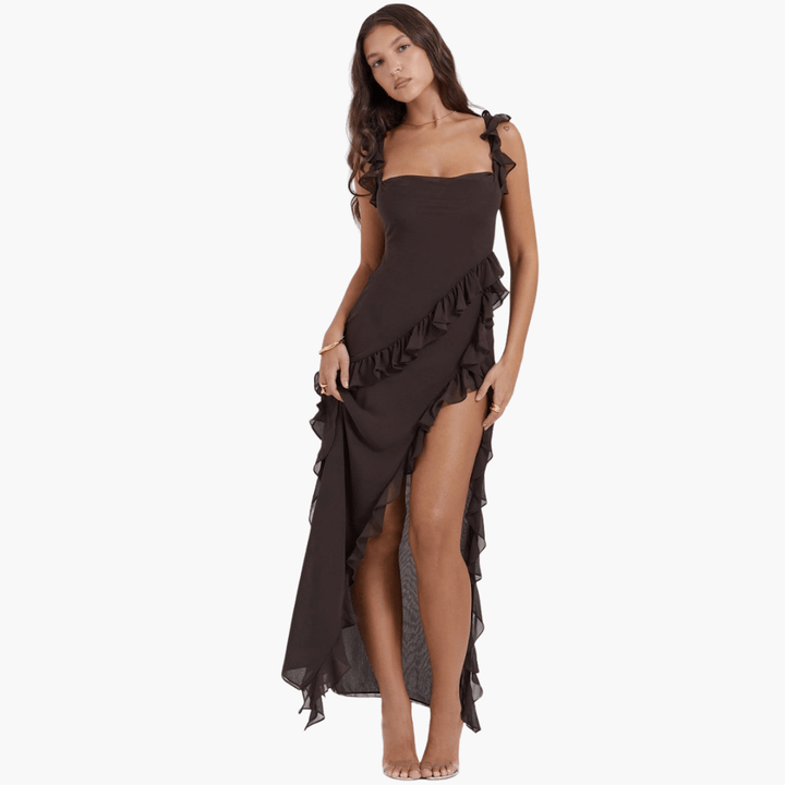 Rüschen Sommerkleid für Damen – Maxikleid mit hohem Schlitz