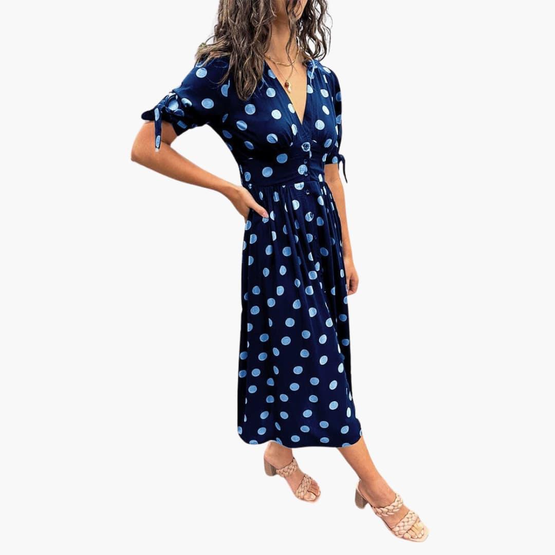 Damen Polka Dots Kleid – Midi Sommerkleid mit Knöpfen