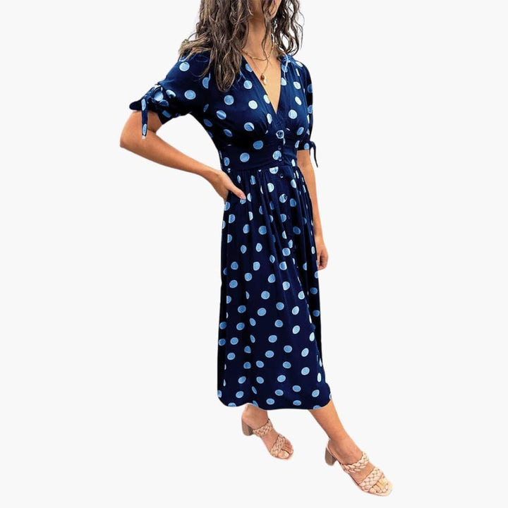 Damen Polka Dots Kleid – Midi Sommerkleid mit Knöpfen