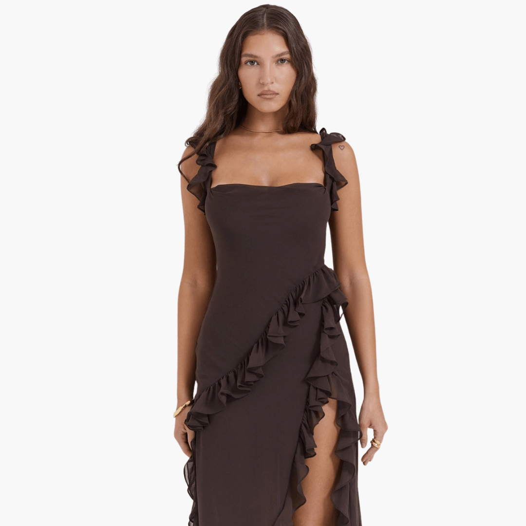 Rüschen Sommerkleid für Damen – Maxikleid mit hohem Schlitz