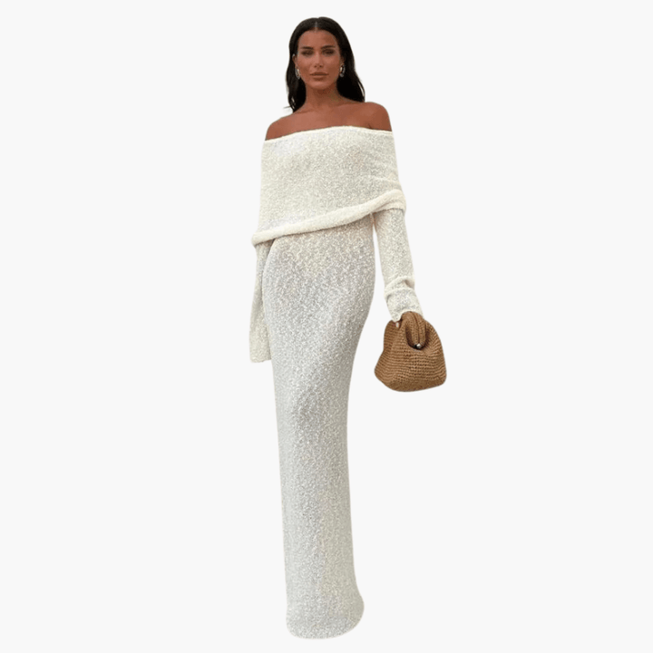 Damen Off-Shoulder  - Strick-Maxi-Kleid für Elegante Anlässe