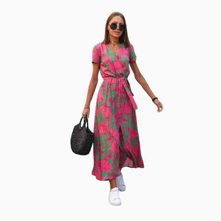 Blumen Wrap-Kleid Damen – Sommerkleid mit Taillengürtel