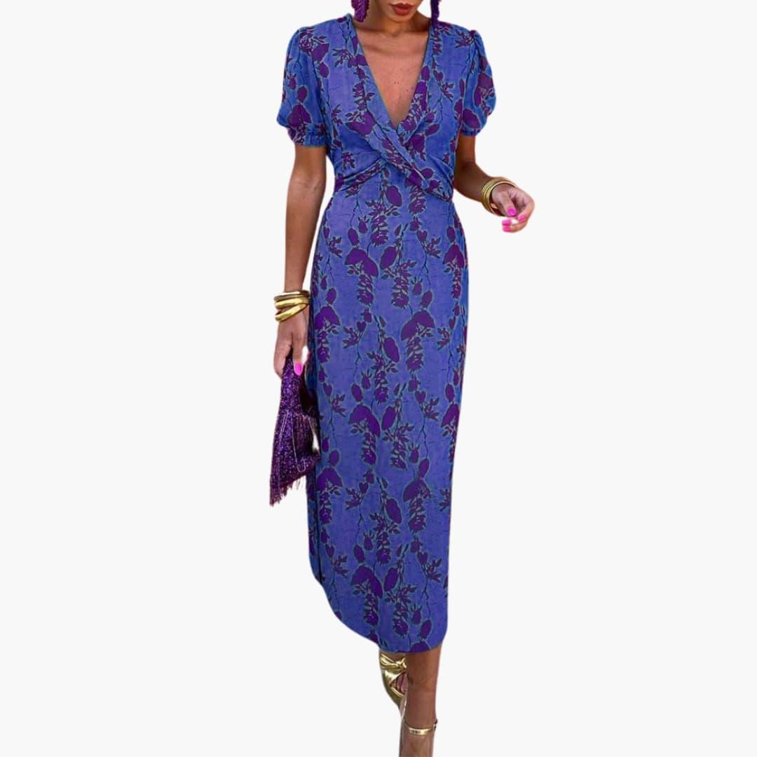 Damen Blumenkleid im Wickelstil – Sommerkleid mit V-Ausschnitt