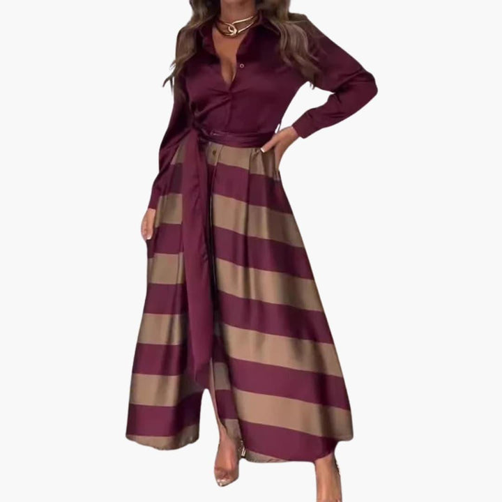 Gestreiftes Maxikleid für Damen - mit Hemdkragen und Gürtel
