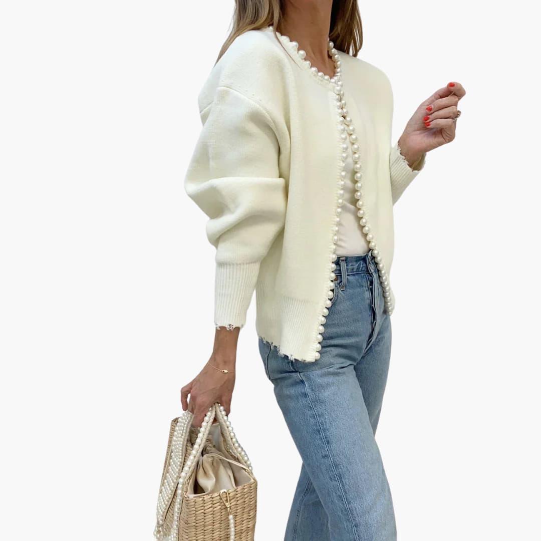 Damen Cardigan mit Perlen – Oversized Strickjacke für Frauen