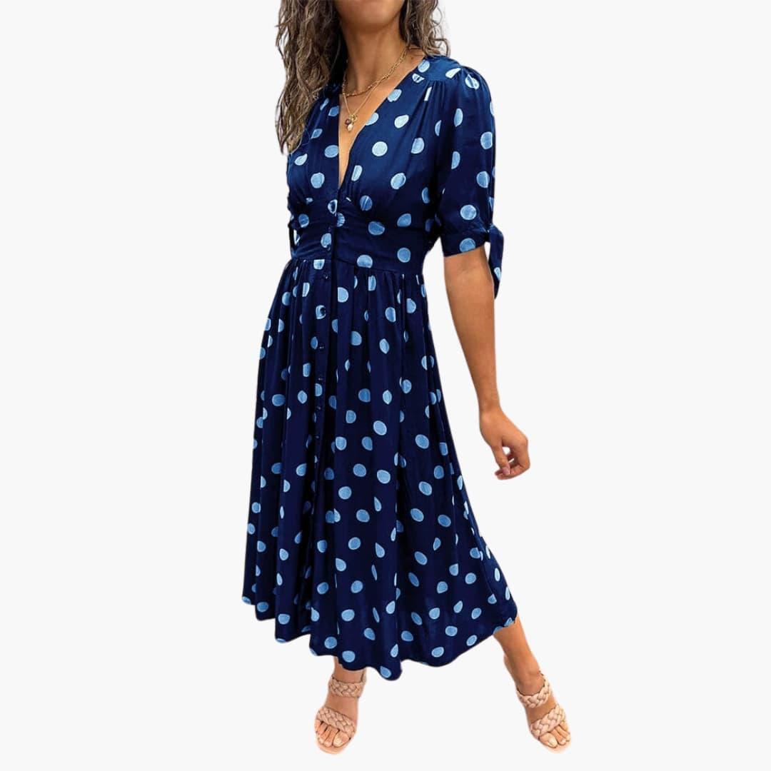 Damen Polka Dots Kleid – Midi Sommerkleid mit Knöpfen