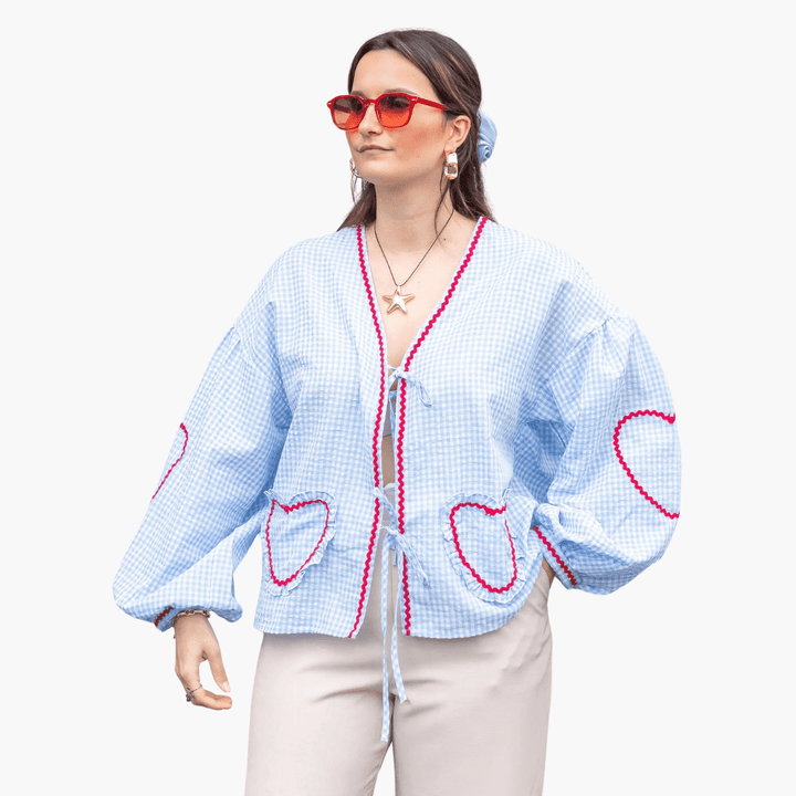 Damen Gingham Bluse mit Herz Taschen – Sommer Bluse