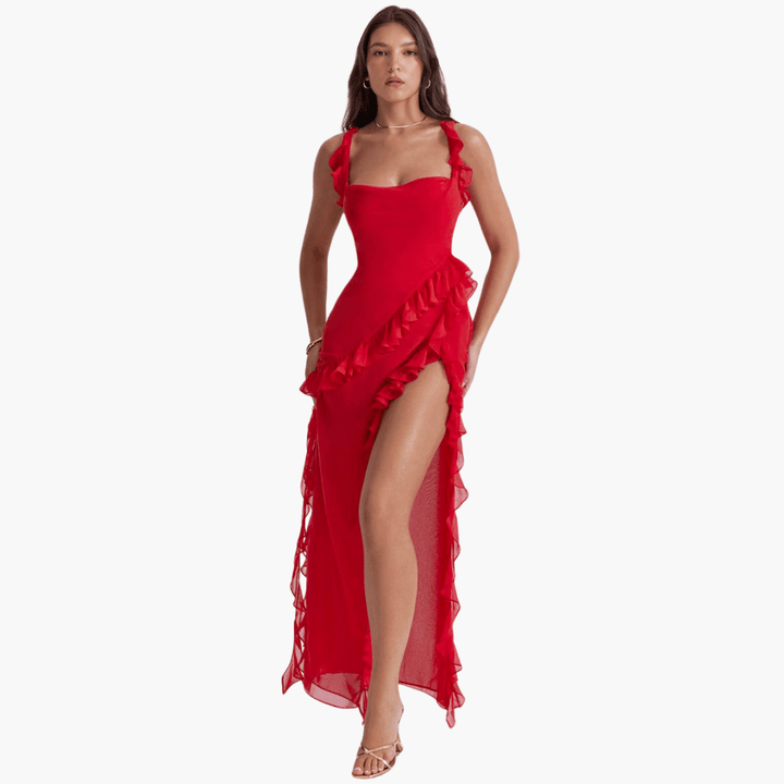 Rüschen Sommerkleid für Damen – Maxikleid mit hohem Schlitz