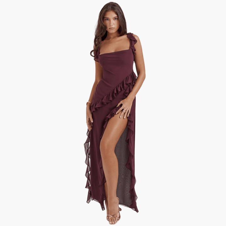 Rüschen Sommerkleid für Damen – Maxikleid mit hohem Schlitz