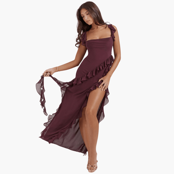 Rüschen Sommerkleid für Damen – Maxikleid mit hohem Schlitz