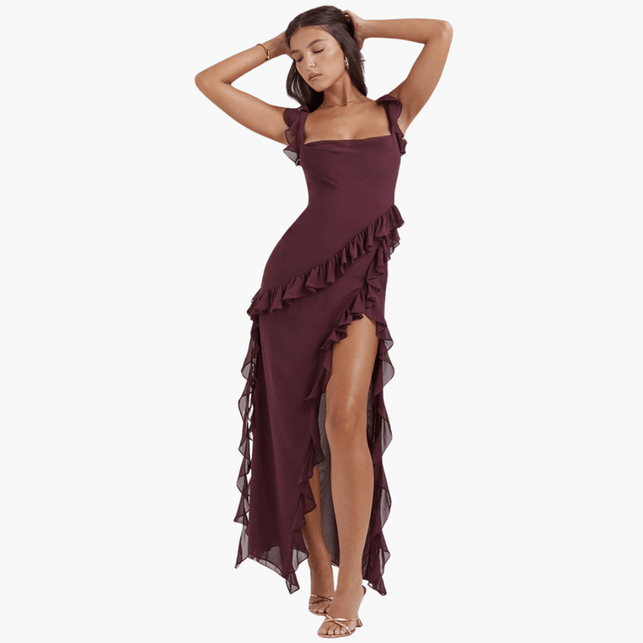 Rüschen Sommerkleid für Damen – Maxikleid mit hohem Schlitz