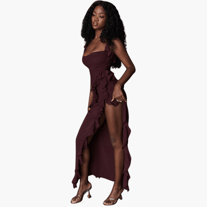 Rüschen Sommerkleid für Damen – Maxikleid mit hohem Schlitz