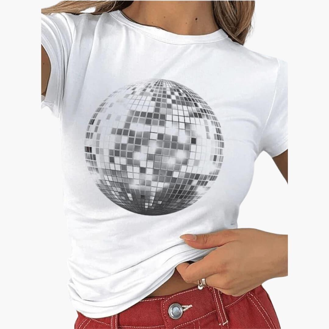 Damen Disco Print T-Shirt – Trendy & Lässig für Alltag & Party