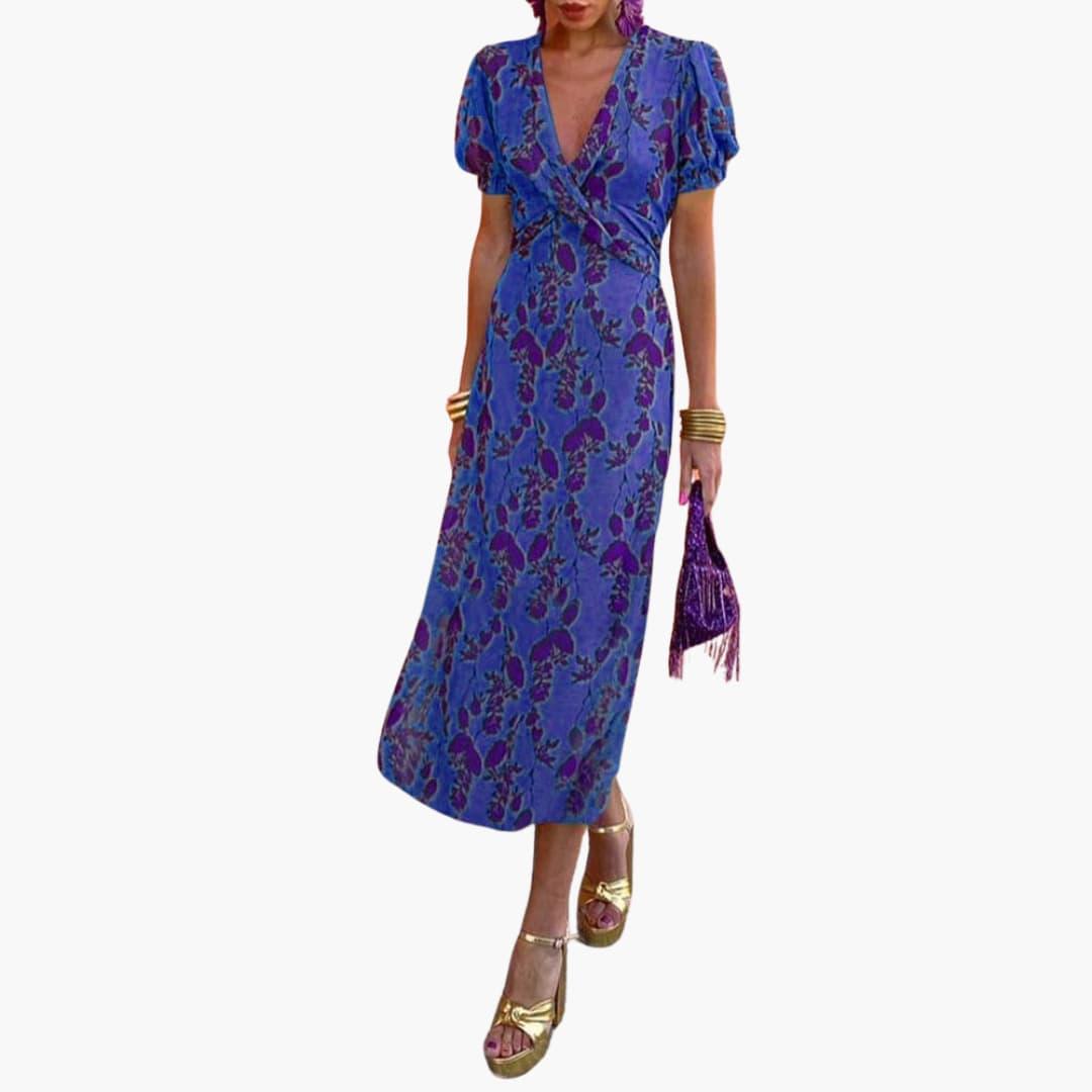 Damen Blumenkleid im Wickelstil – Sommerkleid mit V-Ausschnitt