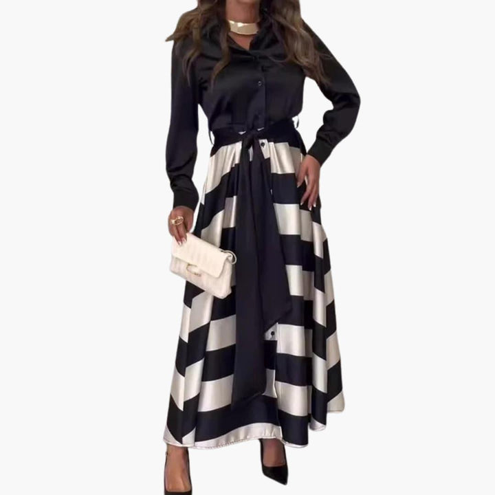 Gestreiftes Maxikleid für Damen - mit Hemdkragen und Gürtel