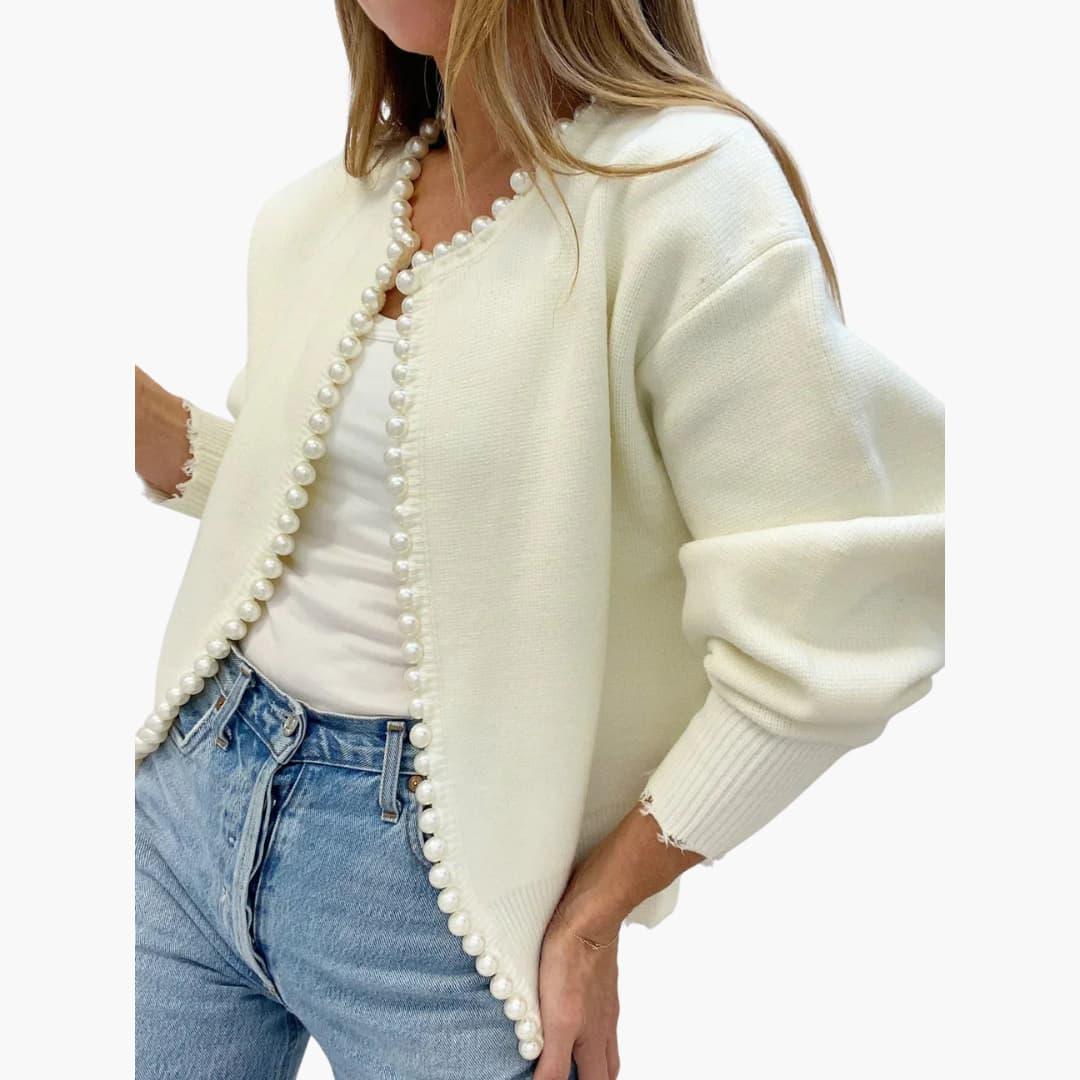 Damen Cardigan mit Perlen – Oversized Strickjacke für Frauen