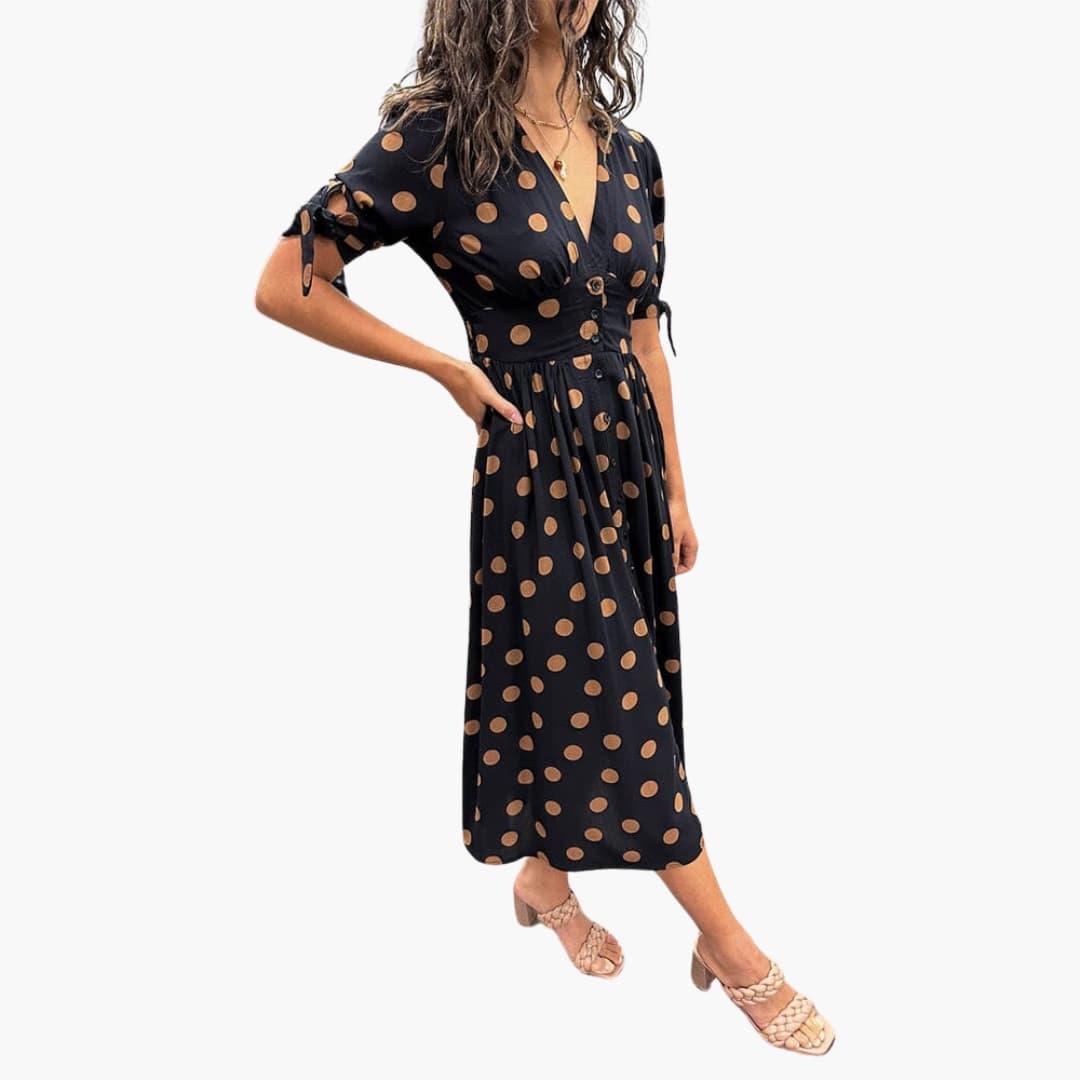 Damen Polka Dots Kleid – Midi Sommerkleid mit Knöpfen