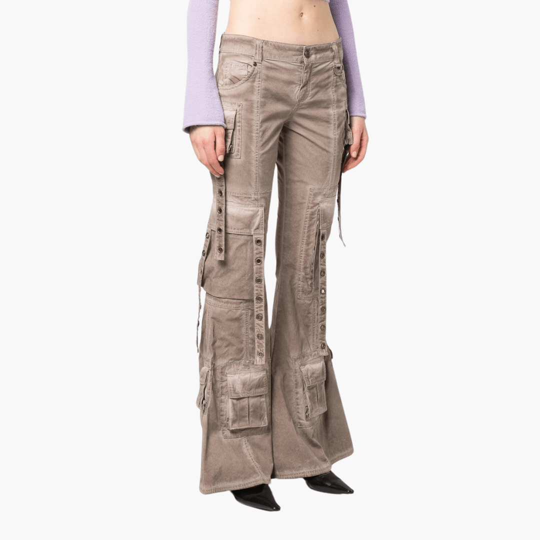 Cargo-Hose für Damen mit Schnürung – Beigefarbene Flared Pants