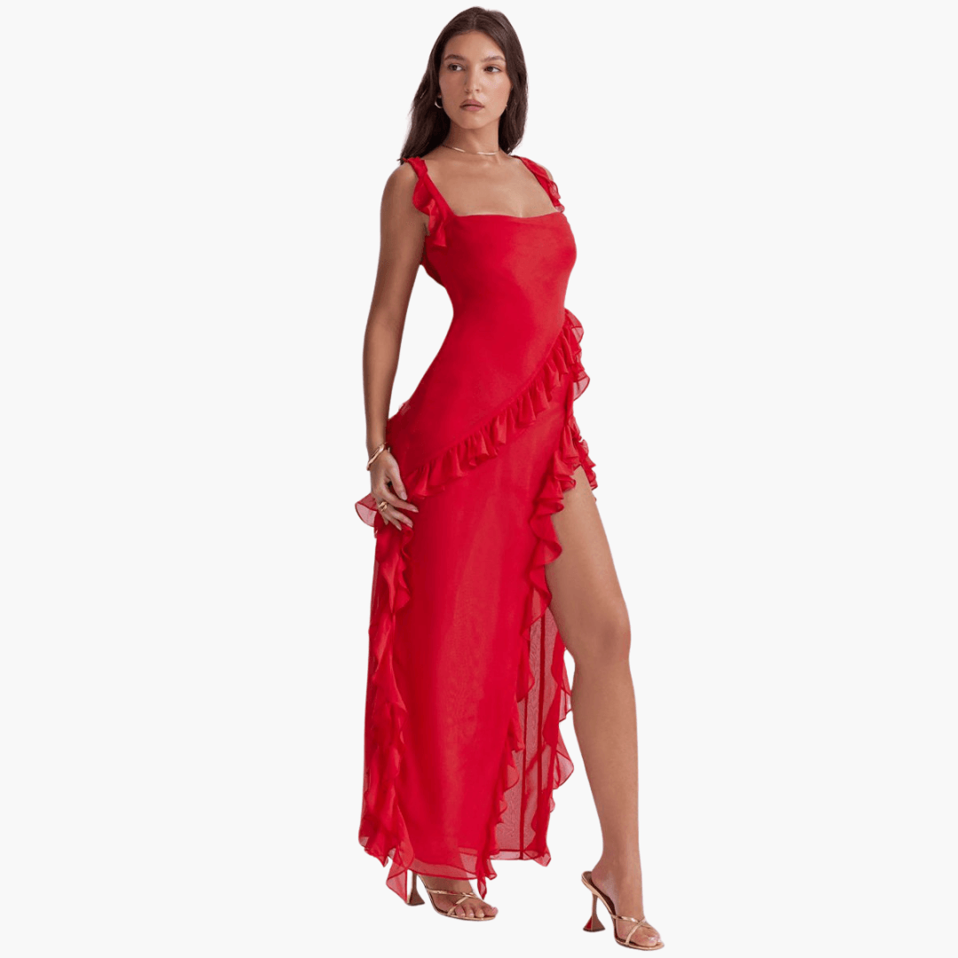 Rüschen Sommerkleid für Damen – Maxikleid mit hohem Schlitz