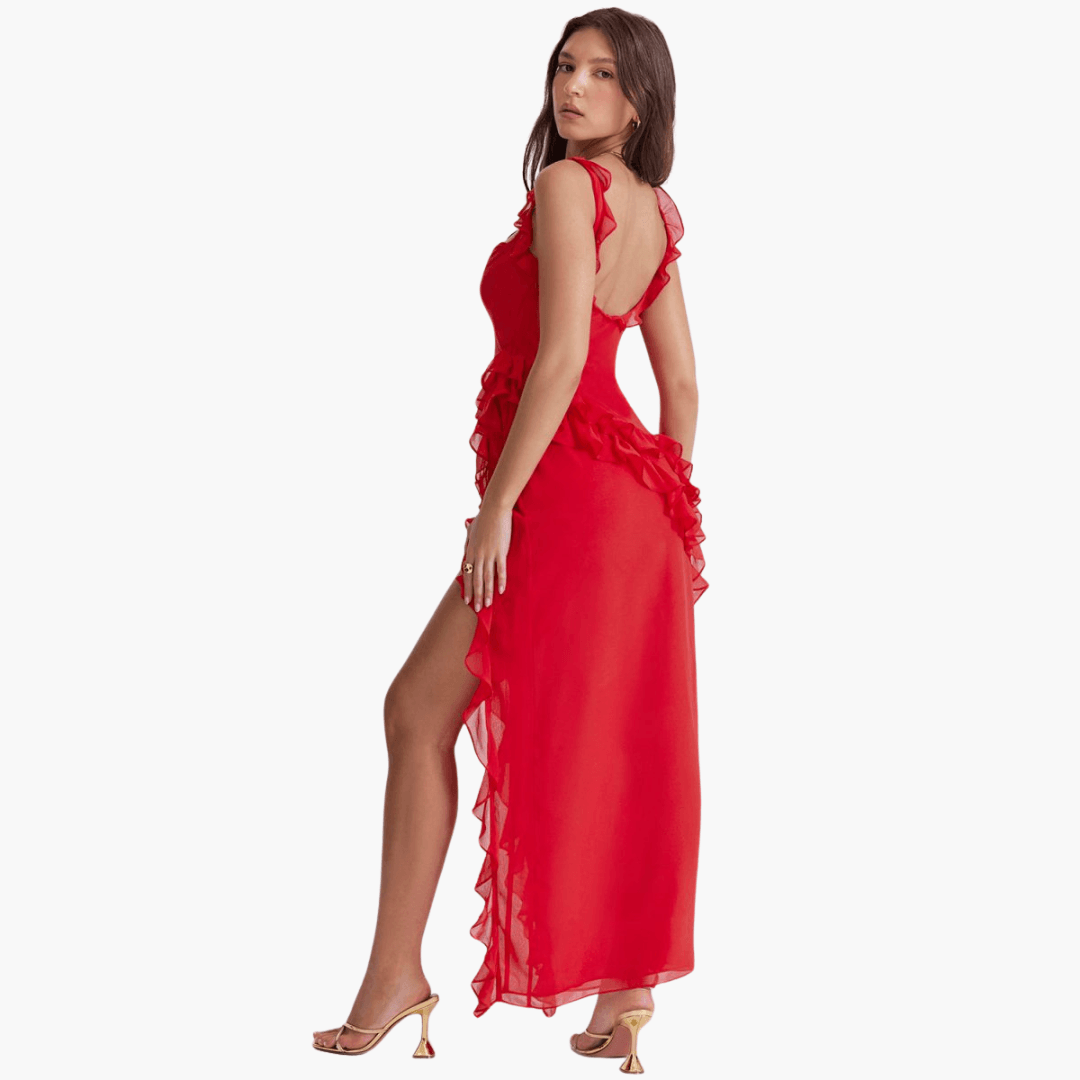 Rüschen Sommerkleid für Damen – Maxikleid mit hohem Schlitz
