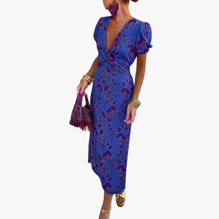 Damen Blumenkleid im Wickelstil – Sommerkleid mit V-Ausschnitt