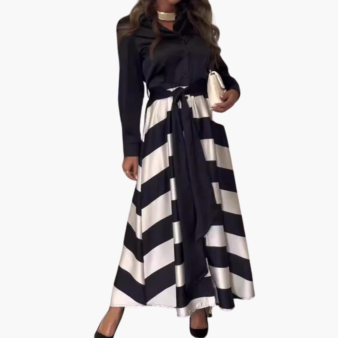 Gestreiftes Maxikleid für Damen - mit Hemdkragen und Gürtel