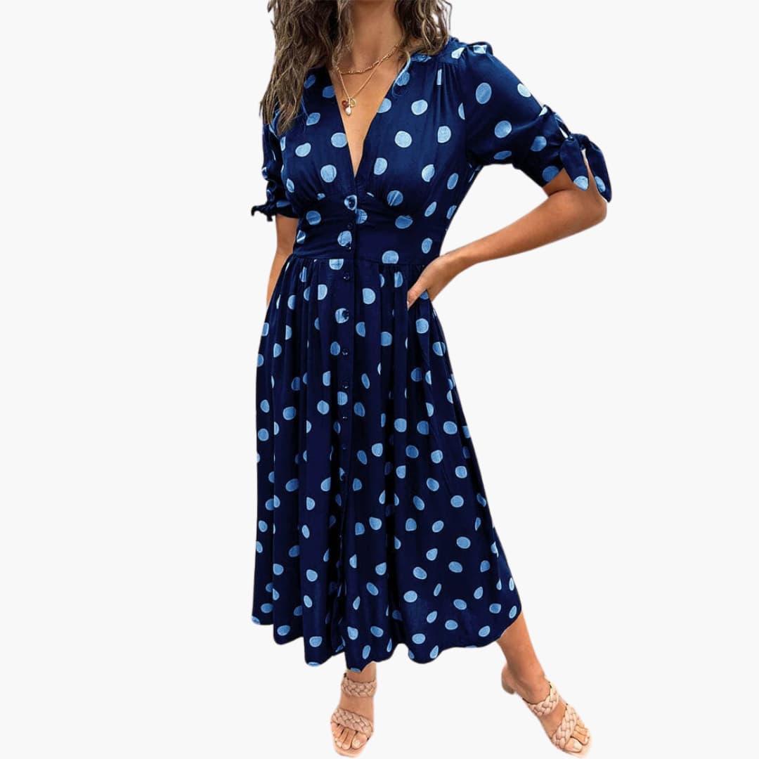 Damen Polka Dots Kleid – Midi Sommerkleid mit Knöpfen