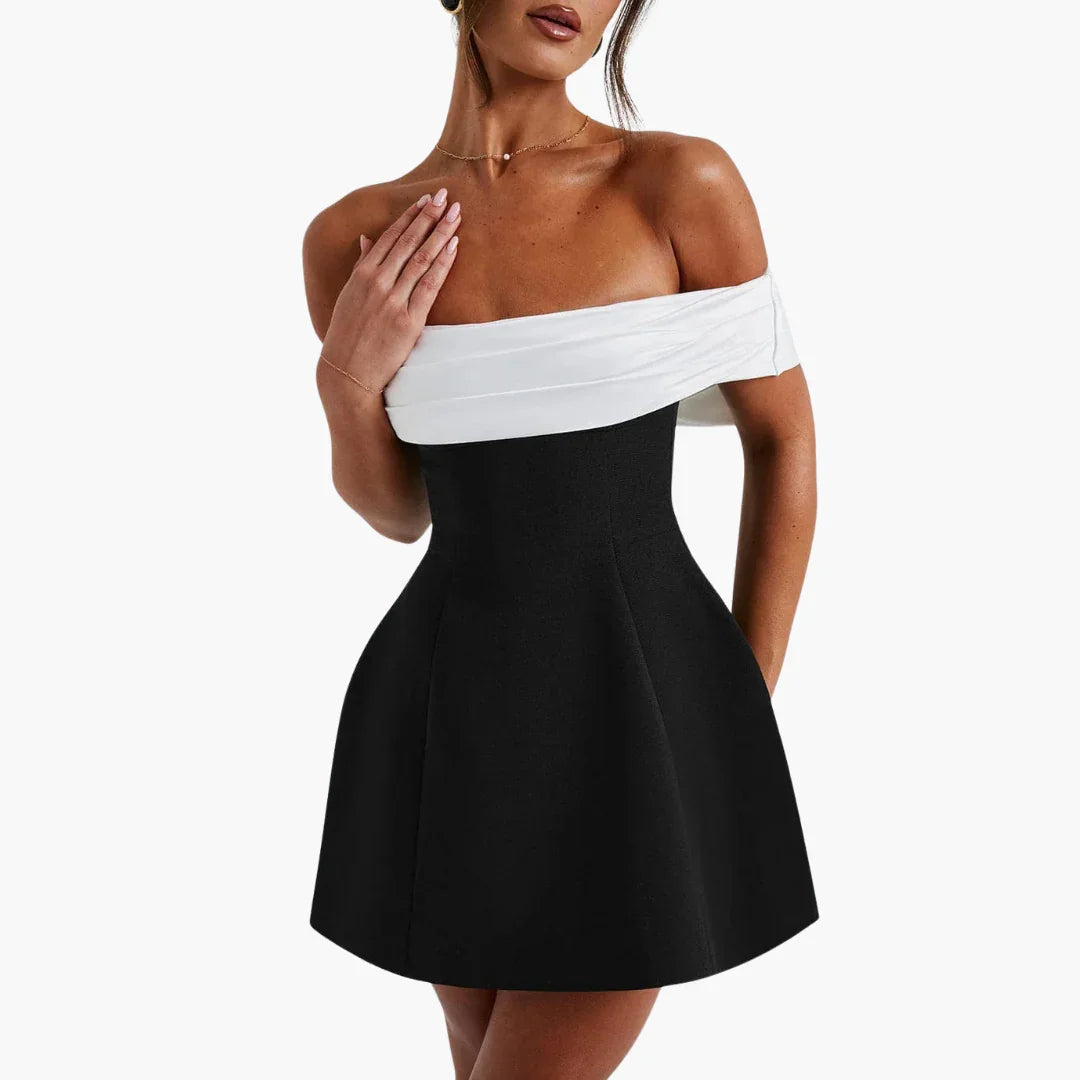 Zweifarbiges Bardot-Minikleid für Damen