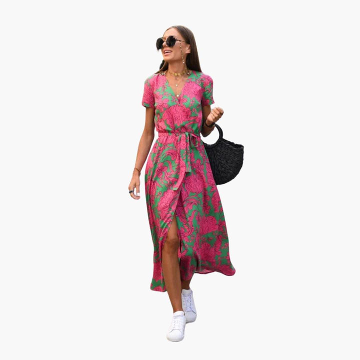 Blumen Wrap-Kleid Damen – Sommerkleid mit Taillengürtel