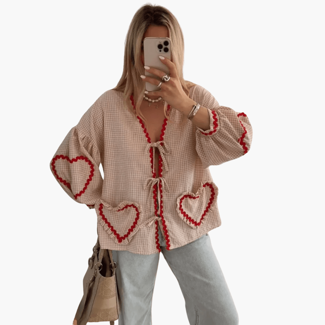 Damen Gingham Bluse mit Herz Taschen – Sommer Bluse