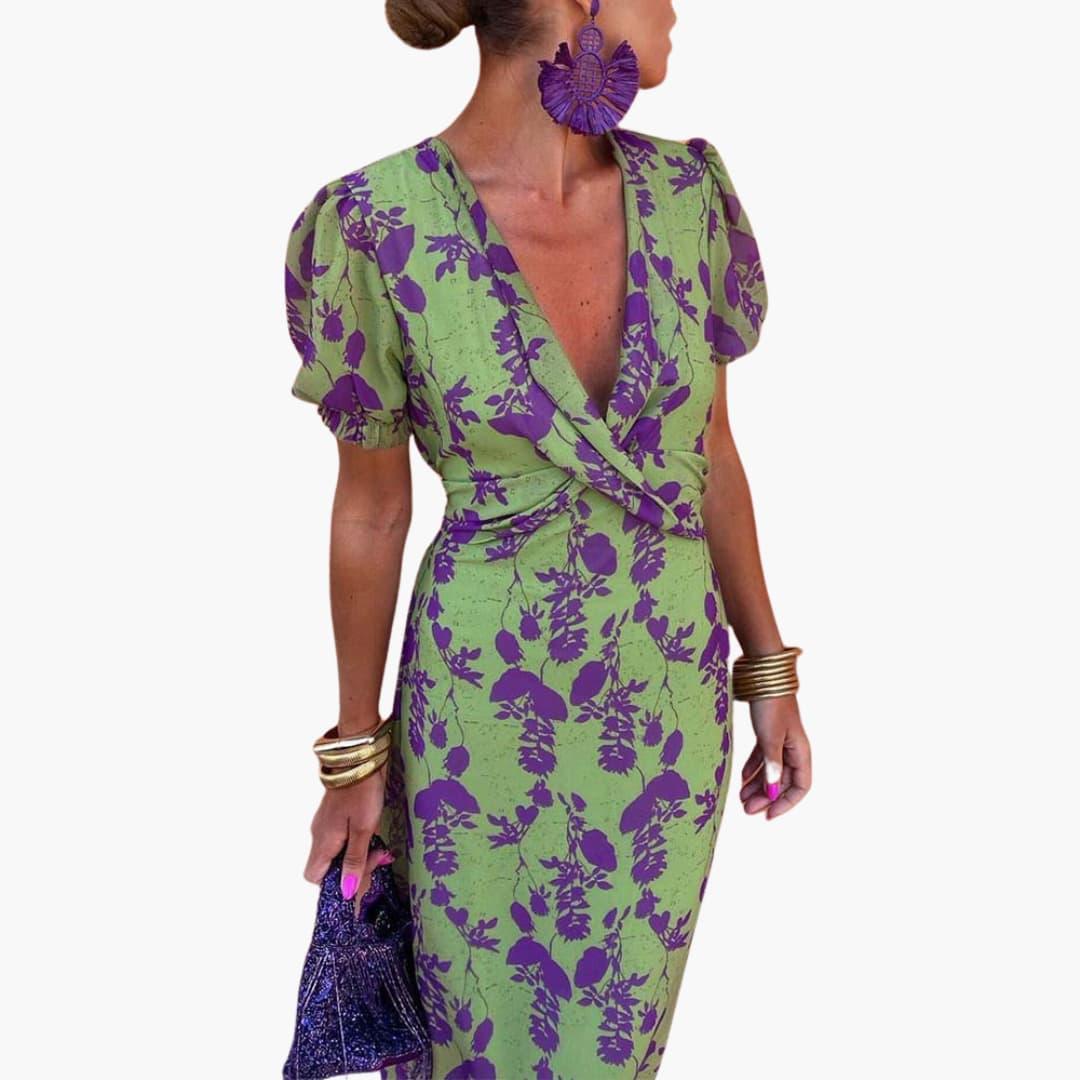 Damen Blumenkleid im Wickelstil – Sommerkleid mit V-Ausschnitt