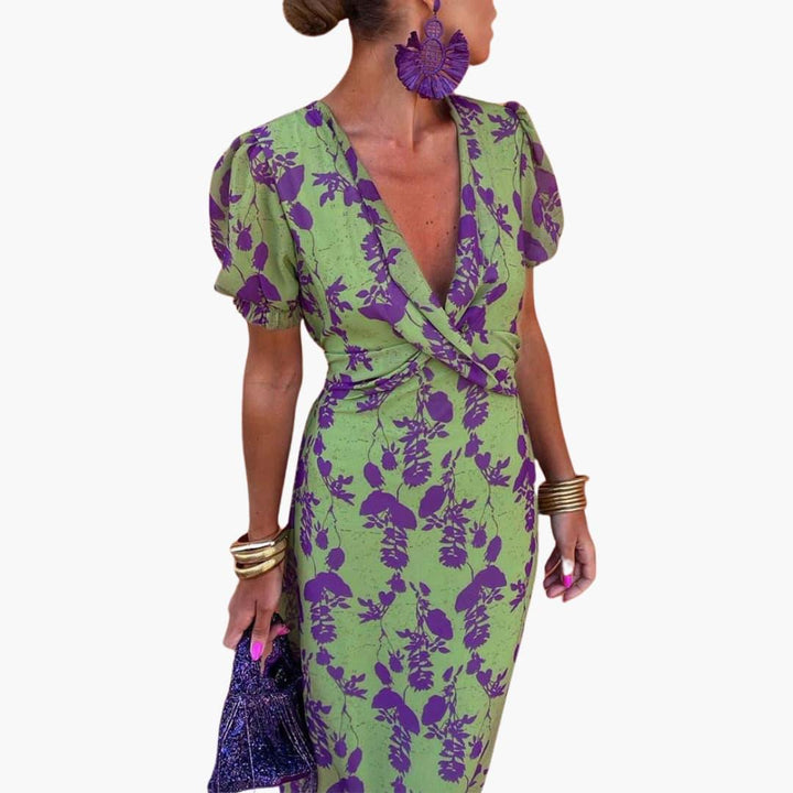 Damen Blumenkleid im Wickelstil – Sommerkleid mit V-Ausschnitt