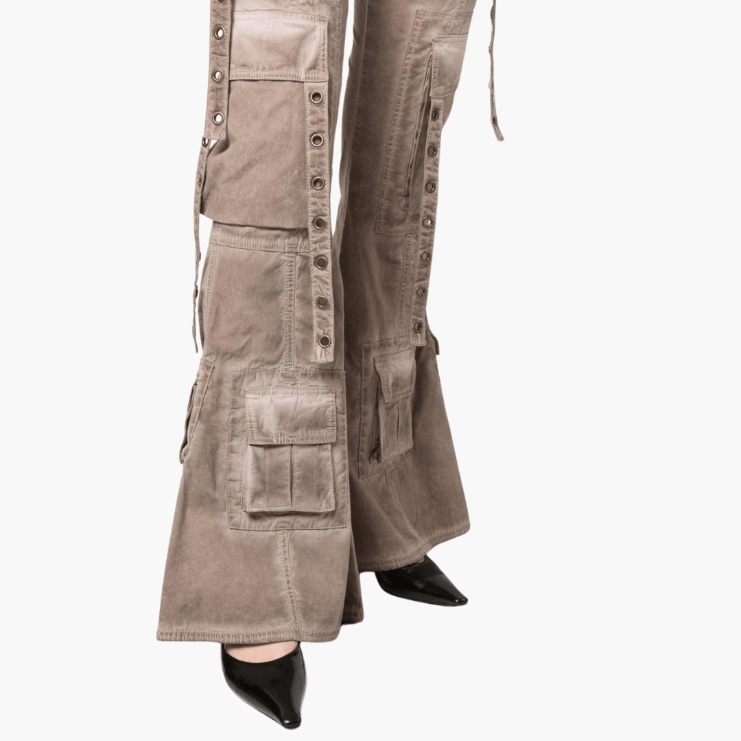 Cargo-Hose für Damen mit Schnürung – Beigefarbene Flared Pants