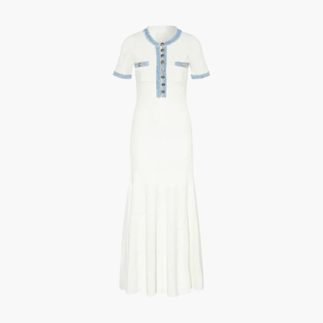 Maxi Kurzarmkleid mit Denim Besatz für Damen