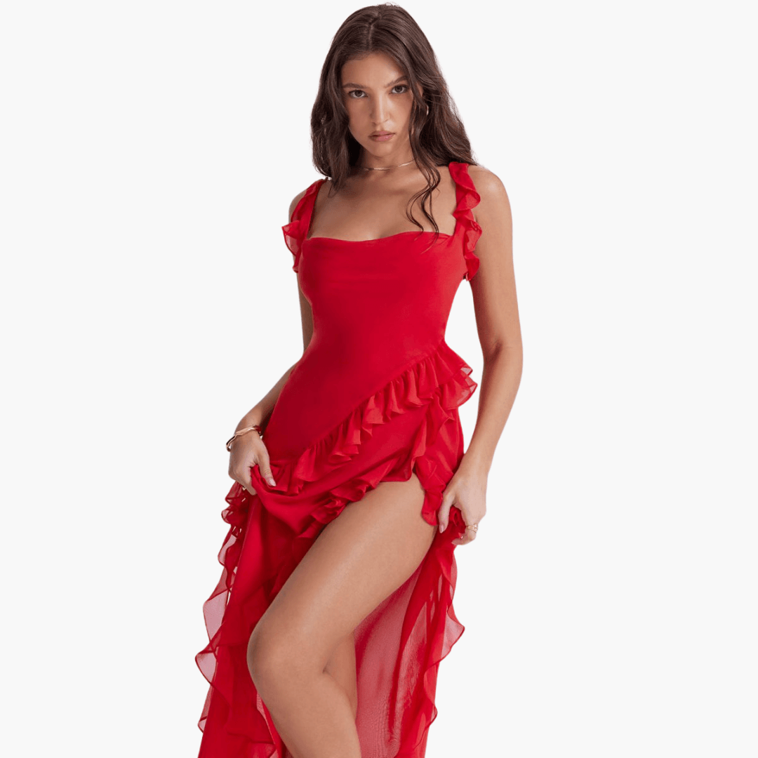 Rüschen Sommerkleid für Damen – Maxikleid mit hohem Schlitz