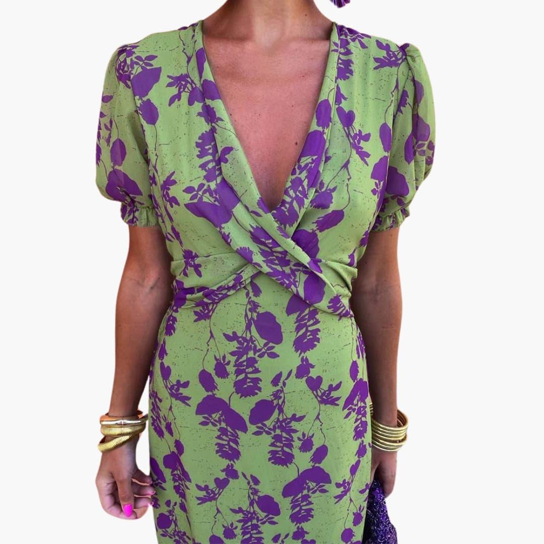 Damen Blumenkleid im Wickelstil – Sommerkleid mit V-Ausschnitt